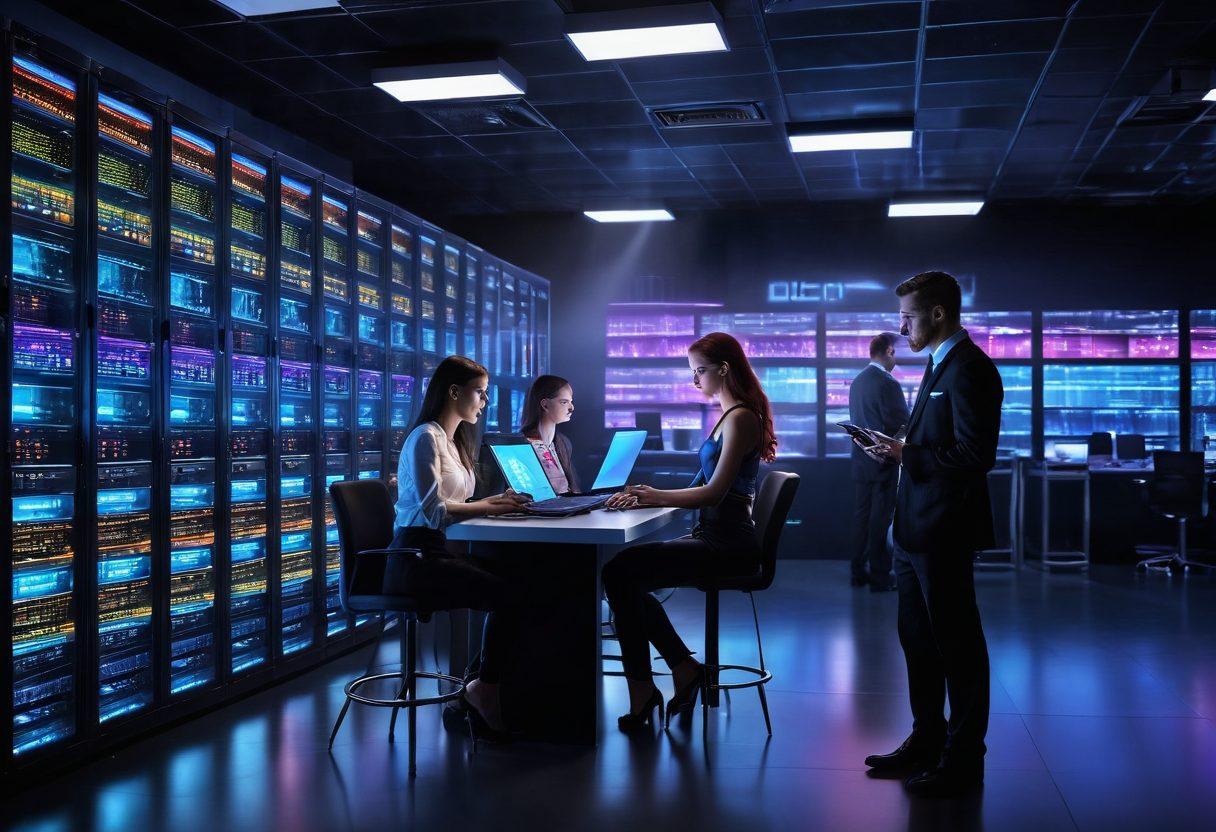 A sleek and modern web hosting server room filled with glowing screens displaying adult entertainment websites. In the foreground, a diverse group of confident professionals, both men and women, are discussing strategies while analyzing data on laptops. The overall ambiance is high-tech with vibrant neon lights casting colorful reflections on metal surfaces. super-realistic. vibrant colors. high-tech atmosphere.
