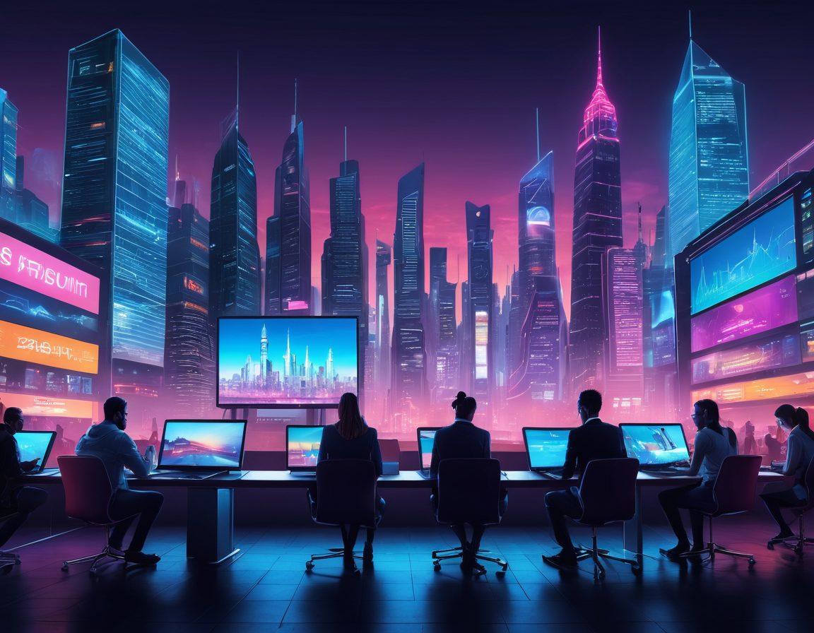 A futuristic city skyline at dusk, illuminated by neon lights, depicting various adult-themed websites projected onto giant screens. In the foreground, a diverse group of people using laptops and tablets, navigating through digital landscapes with confidence. Incorporate elements representing website management tools like analytics charts and social media icons. The atmosphere should convey a sense of empowerment and responsibility in digital navigation. vibrant colors. cyberpunk.