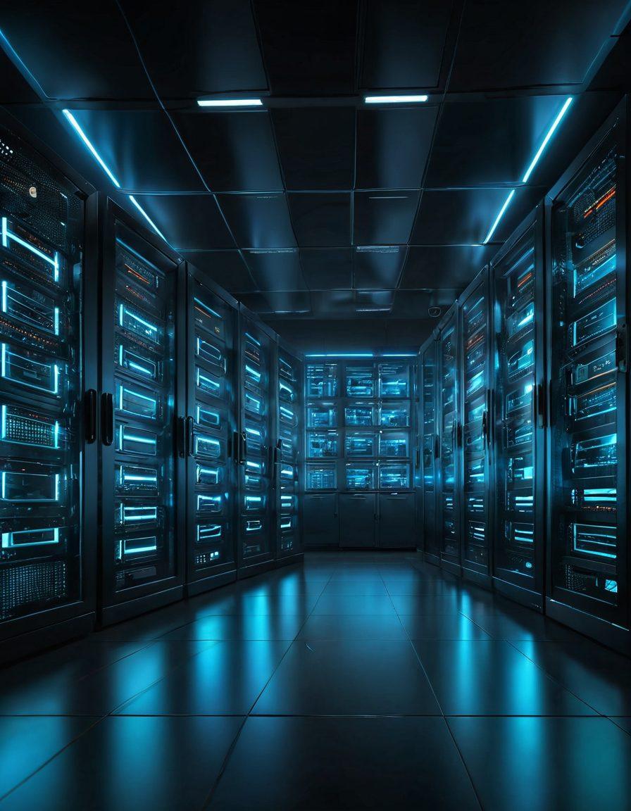 A futuristic data center with sleek, glowing servers, surrounded by security grids and digital locks, representing advanced hosting solutions, with a subtle hint of adult entertainment elements like abstract silhouettes and symbols. The environment should convey a sense of safety, innovation, and scalability. cyberpunk. vibrant colors. 3D.